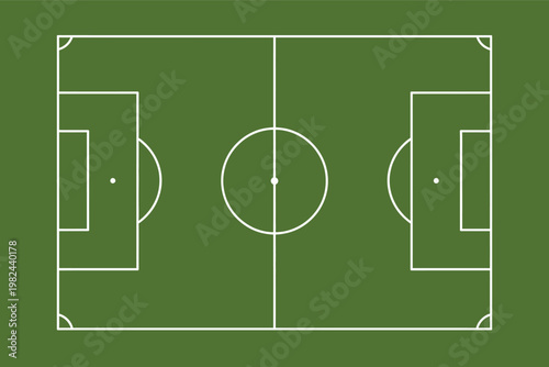 Soccer field top view vector, green football pitch layout with white markings, athletic stadium background illustration