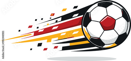 Dynamic vector illustration of a soccer ball flying with trailing German flag colors representing speed and national team sports pride