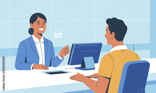 Friendly Female Bank Teller Consulting Male Customer in Modern Office