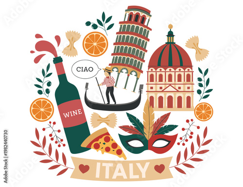 Italy travel icons set with leaning tower of pisa pizza gondola wine bottle and masks art.