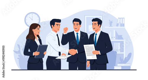 Business meeting in office with handshake and smiles among colleagues discussing agreement around a table