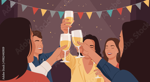 Friends celebrate together with drinks at a party with colorful decorations and smiling faces