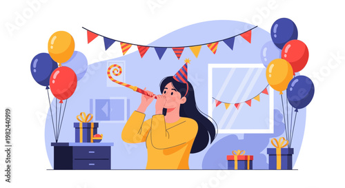 Woman celebrating with a party hat and noisemaker in a decorated room filled with balloons and gifts for a special occasion