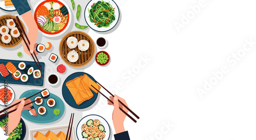 Asian Food Dining Table Vector Illustration with Sushi, Ramen, Dim Sum, and Chopsticks