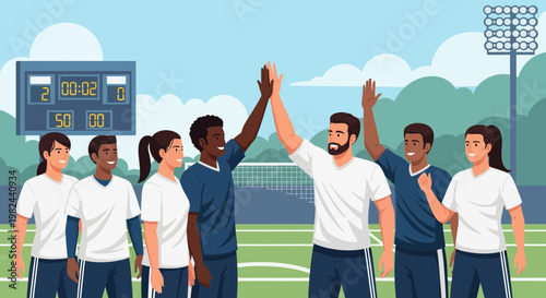 Soccer players celebrate a win together on the field with a scoreboard showing the final score