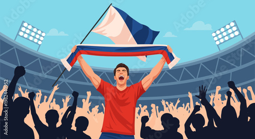 Fans celebrate in a stadium after a winning event with flags and cheers during a sports match at daytime