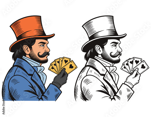 Man in top hat and suit holds playing cards showing hearts, vintage gambler style.