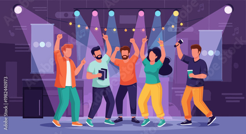 Group of friends having fun at a party during the night with colorful lights and music in the background