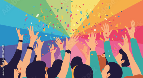 People celebrate while raising hands in a colorful setting during a joyous event at a party or festival