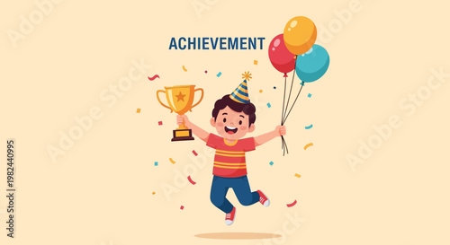 Child celebrates achievement with a trophy and balloons at a party in bright colors during daytime