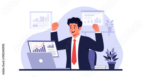 Businessman celebrates success while working at his desk in a modern office setting during daytime hours