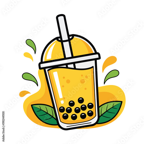 Cartoon illustration of a refreshing mango boba milk tea drink with tapioca pearls.