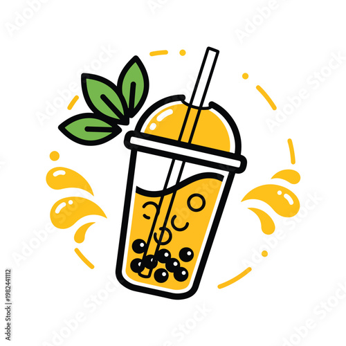 Cartoon Illustration of a Refreshing Orange Bubble Tea Cup.