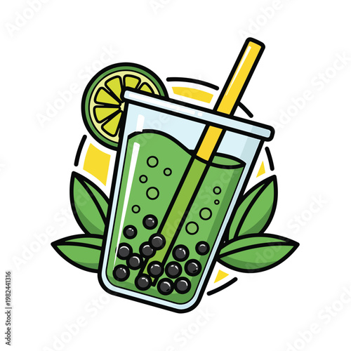 Cartoon vector illustration of refreshing green matcha bubble tea with lime.