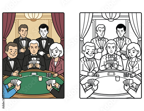 Poker players at green table coloring page featuring group of people playing card games.