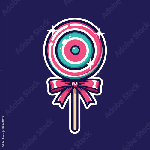 Colorful Swirl Lollipop with a Decorative Pink Bow Sticker Illustration.