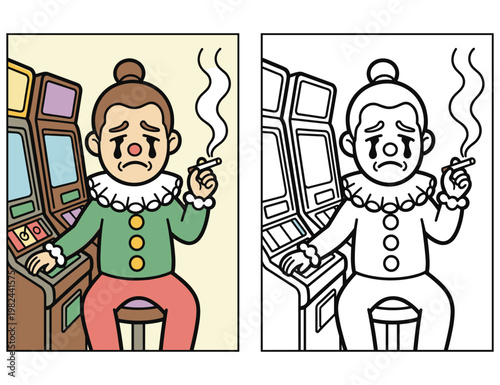 Sad clown smoking cigarette at slot machine casino coloring page for adults and teenagers.