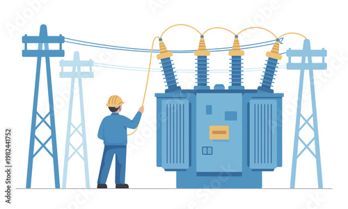 Electrical maintenance worker with power transformer and pylons