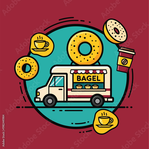 Cartoon Illustration of a Bagel Food Truck Selling Fresh Breakfast.