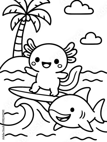 Axolotl's Surfing Adventure: An adorable axolotl rides the waves on a surfboard, with a friendly shark for company, creating a cheerful, playful scene.