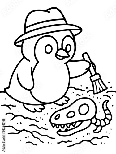 Penguin Explorer Unearthing a Prehistoric Find: A curious penguin, donning a smart hat, meticulously excavates a dinosaur skull with a small brush, unveiling a fascinating glimpse into the past. 