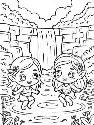Whimsical Forest Fairies: Two enchanting fairy friends frolic joyfully near a serene waterfall, embodying the essence of nature's magic and wonder.