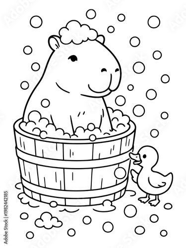 Cozy Capybara Bath Time: A charming illustration depicts a serene capybara enjoying a bubble bath in a wooden tub, accompanied by a friendly duckling.