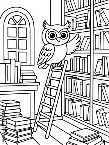 Owl in the Library: A wise owl perches atop a library ladder, surrounded by towering bookshelves and an enchanting atmosphere of knowledge and learning.