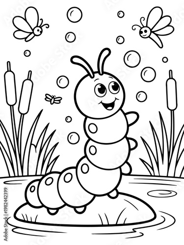 Caterpillar's Blissful Lakeside Reverie: A cheerful caterpillar basks serenely in a tranquil lakeside scene, surrounded by fluttering butterflies and floating bubbles.