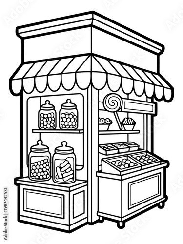 Sweet Temptation: A whimsical black and white illustration of a charming candy shop, overflowing with delectable treats and sugary delights.