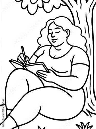 Moment of Reflection: A woman finds solace and inspiration as she writes in her journal beneath the sheltering shade of a tree, capturing a moment of personal reflection.