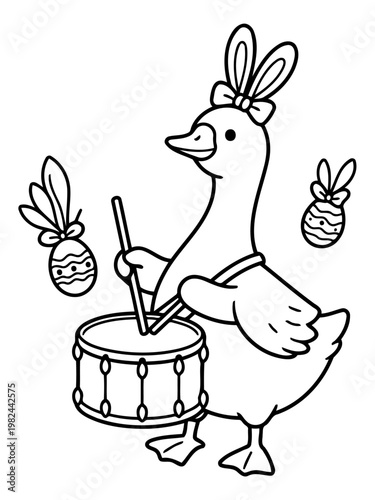 Easter Goose's Rhythmic Beat: A charming, whimsical goose, adorned with bunny ears and a bow, merrily beats on a drum, accompanied by festive Easter eggs, exuding joy and celebration.