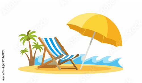 Tropical beach chair and umbrella cartoon vector summer vacation illustration isolated on white