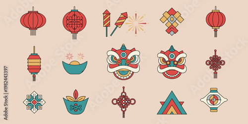 A vibrant collection of traditional chinese new year icons and symbols are displayed on a subtle peach background high quality professional detailed modern