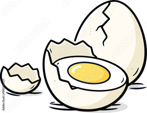 Hand drawn boiled egg vector illustration, cracked eggshell with yellow yolk, organic breakfast food icon on white