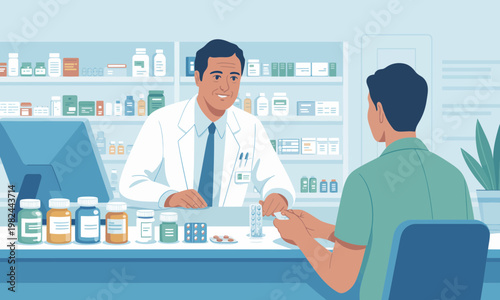 Professional pharmacist consulting with a customer in a drugstore