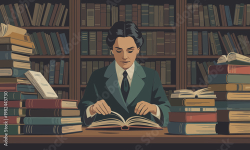 Woman in Formal Attire Reading Books in Vintage Library Illustration