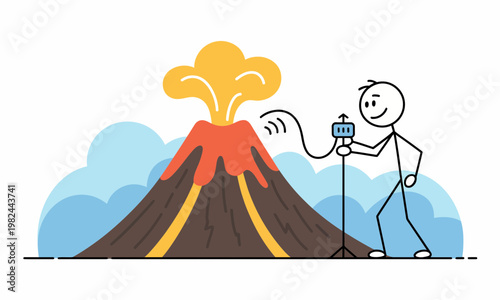 Stick Figure Geologist Monitoring Active Volcano Eruption
