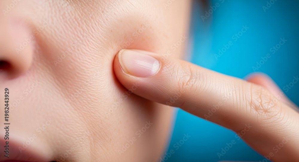 Naklejka premium Close up of fingers gently lifting skin on a cheek to check for elasticity and firmness, reflecting a sense of aging and daily skincare, inspection, wrinkle, indoor