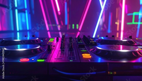 A professional DJ setup with illuminated decks and colorful neon lights in a club atmosphere