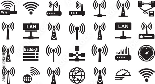 Black vector icon collection featuring a set of wifi, network, router, antenna, connectivity, wireless, internet web design signs