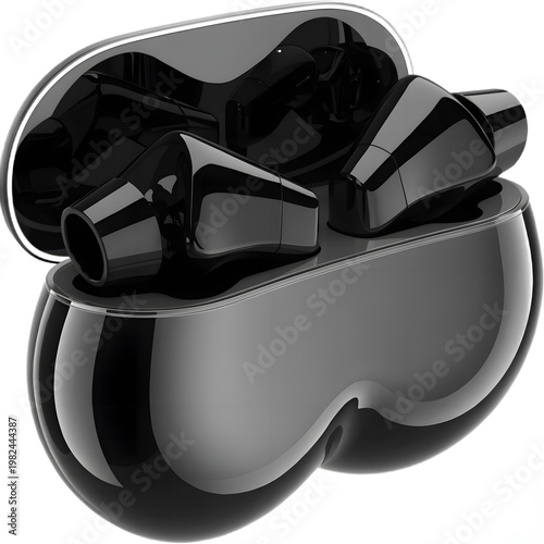 Modern realistic 3D wireless earbuds in charging case, premium product style. Isolated transparent background PNG, ideal for tech advertising, e-commerce listings, app UI mockups, and gadget branding.