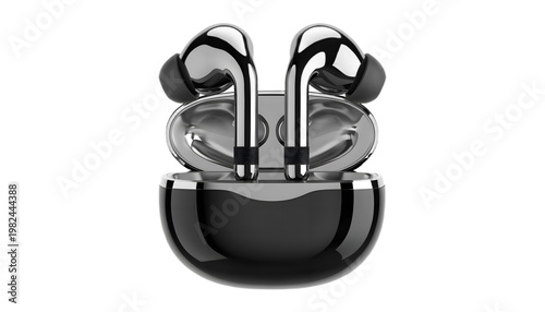 Modern realistic 3D wireless earbuds in charging case, premium product style. Isolated transparent background PNG, ideal for tech advertising, e-commerce listings, app UI mockups, and gadget branding.