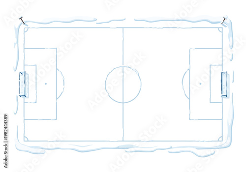 A winter soccer field seen from above, with snow piled around the sidelines, featuring goalposts and a center circle on the playing surface