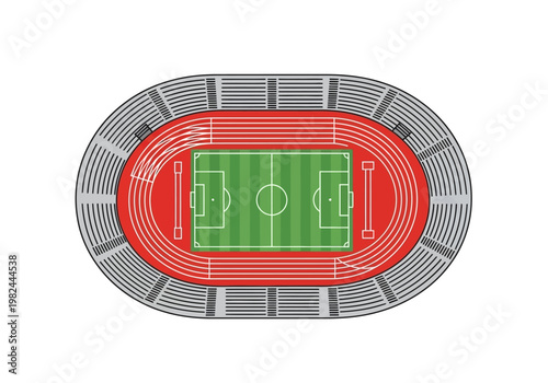 Top-down view of a stadium with a soccer field and running track, perfect for sports and event promotions