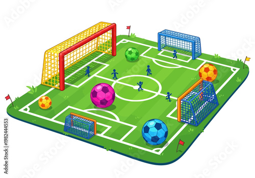 Colorful soccer field with goals and balls for a fun game of football, illustration