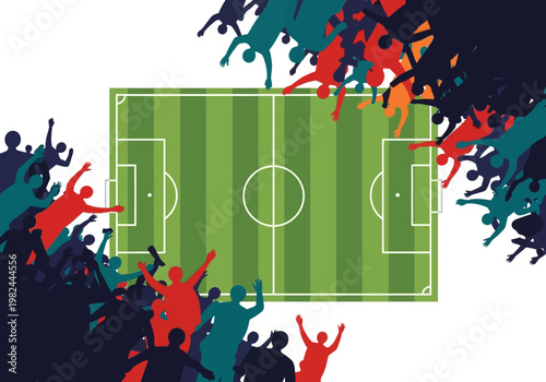 Excited fans cheering and celebrating around a soccer field in a vibrant illustration