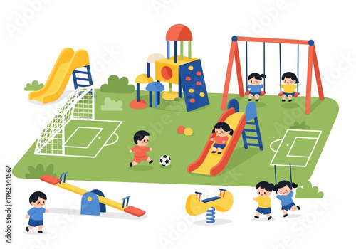 Diverse playground activities and children enjoying recreational fun on swings, slides, and soccer field