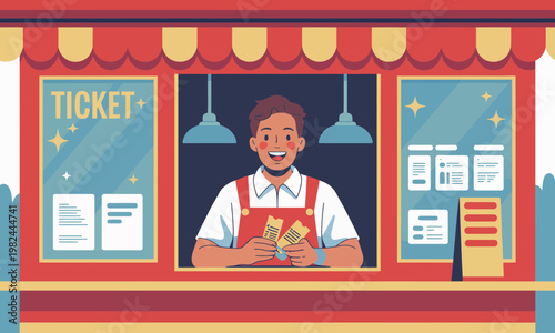 Happy man working at a cinema or carnival ticket booth illustration