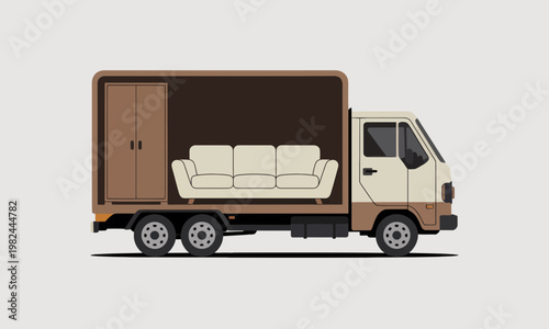 Minimalist flat illustration of a furniture delivery truck cross section